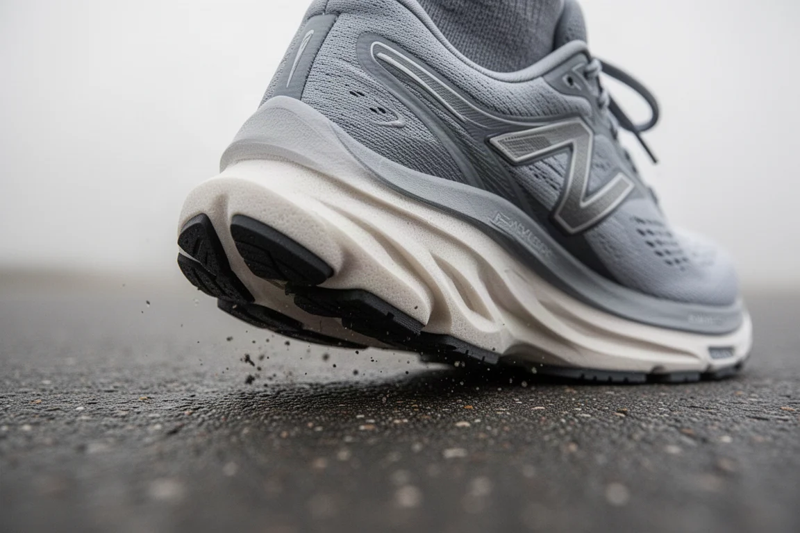 Nahaufnahme einer gedämpften Laufschuh-Mittelsohle, die sich auf Asphalt komprimiert
