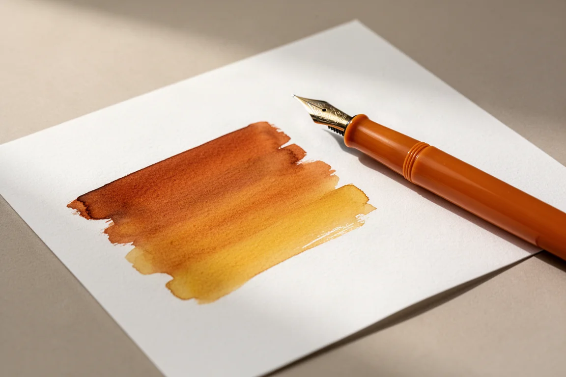 Rostorange schattierende Tinte auf Papier neben einer orangefarbenen Penne-Kappe