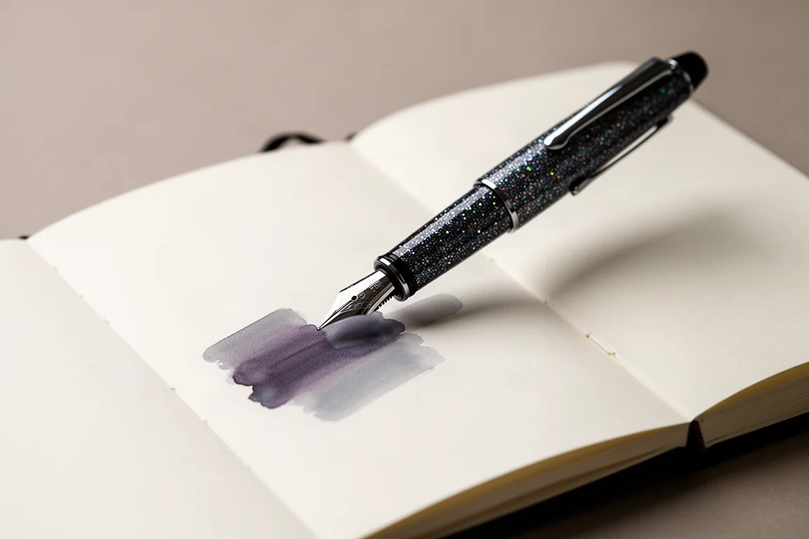 Schwarzer Glitzerfüllhalter schreibt gedämpfte violettgraue Tinte in ein offenes Notizbuch