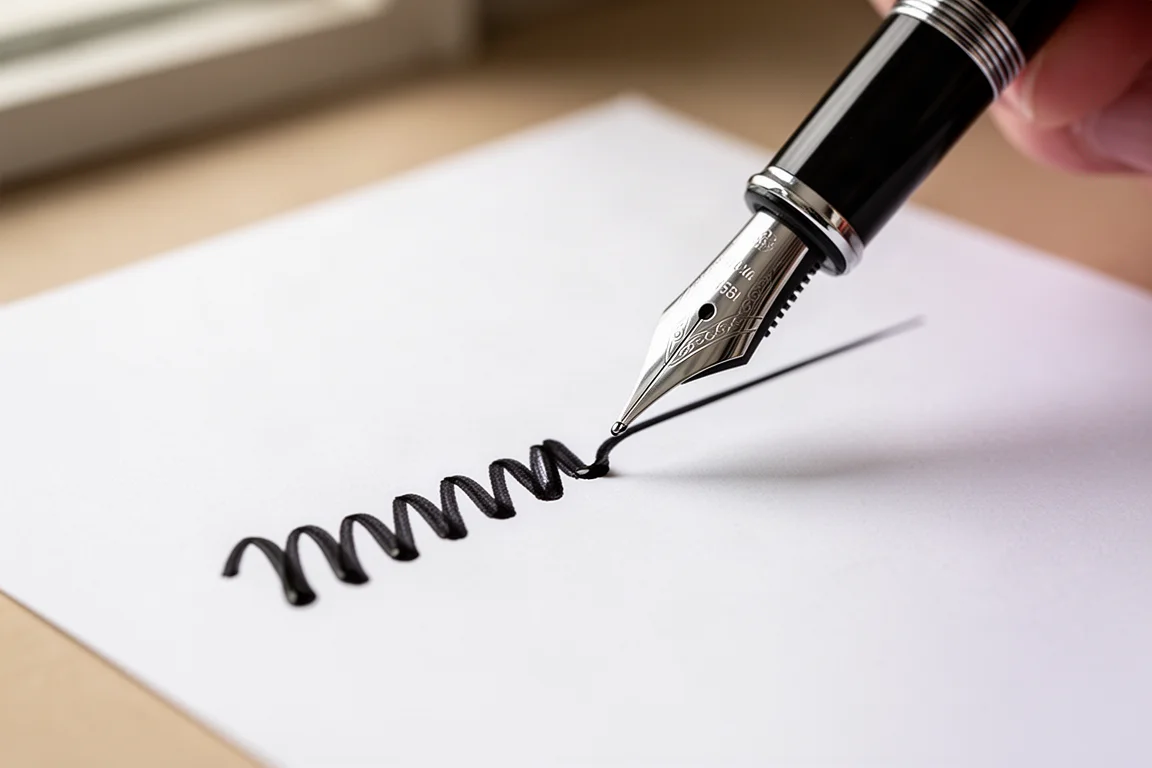 Pluma estilográfica escribiendo una página de texto con tinta negra oscura sobre papel blanco