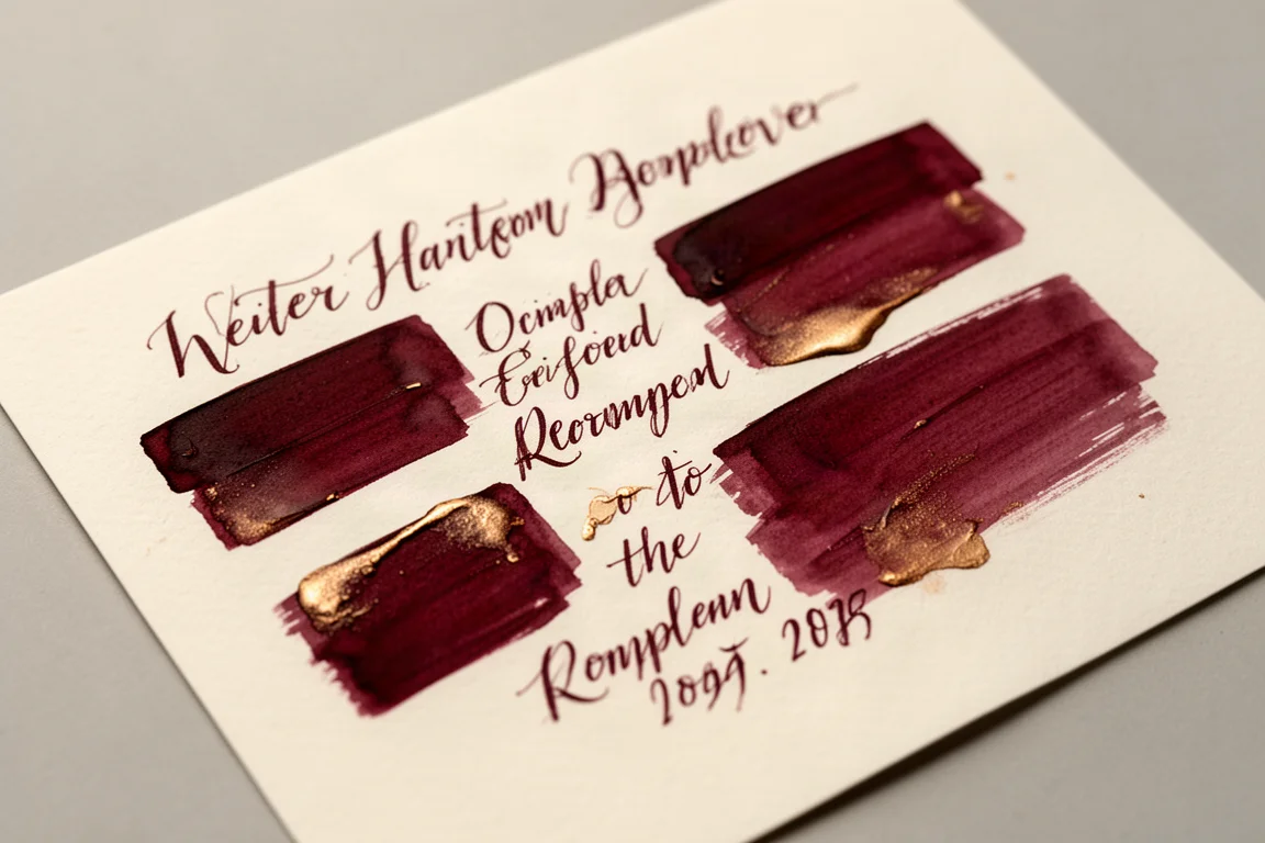 Tinta roja oxblood oscura seca en una página de muestra de escritura blanca