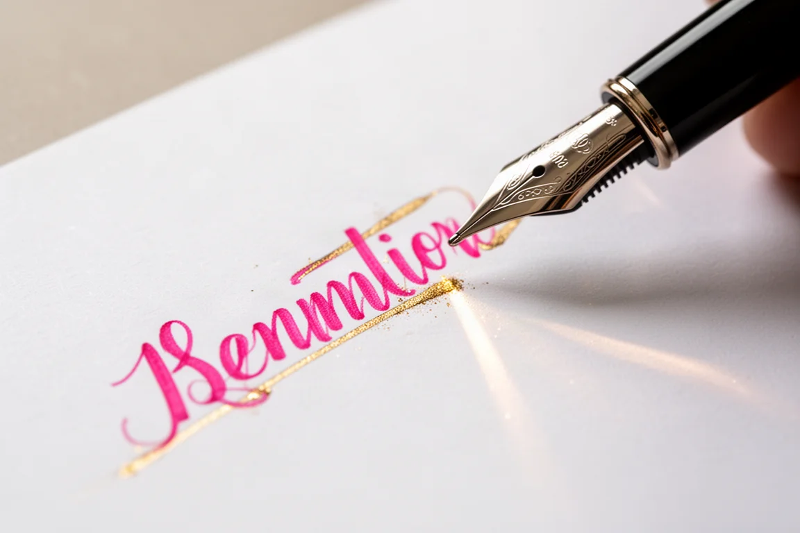 Tinta rosa vibrante con un visible brillo dorado en una muestra de escritura húmeda