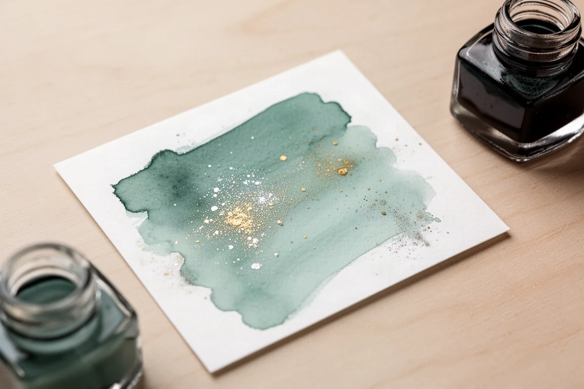 Tinta con purpurina en verde azulado marino secándose en una tarjeta de muestras