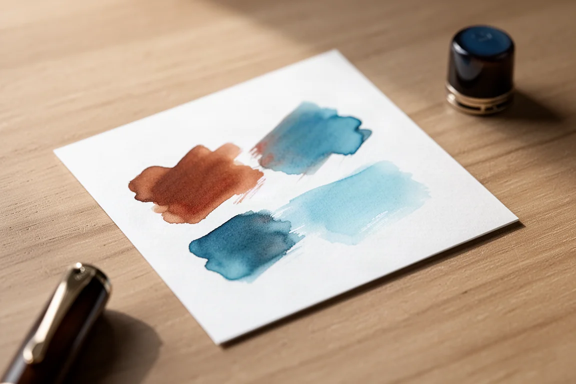 Papiermuster mit brauner und chinesisch-blauer Füllhaltertinte, trocknend auf einem Schreibtisch