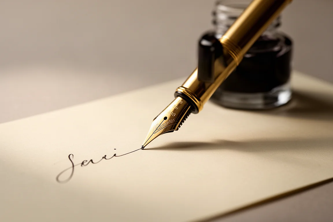 Punta de pluma estilográfica escribiendo sobre papel crema bajo una cálida luz de escritorio