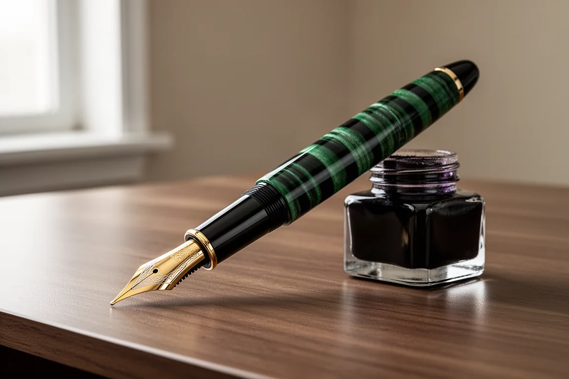 Pluma estilográfica de rayas verdes y negras apoyada en un escritorio de madera