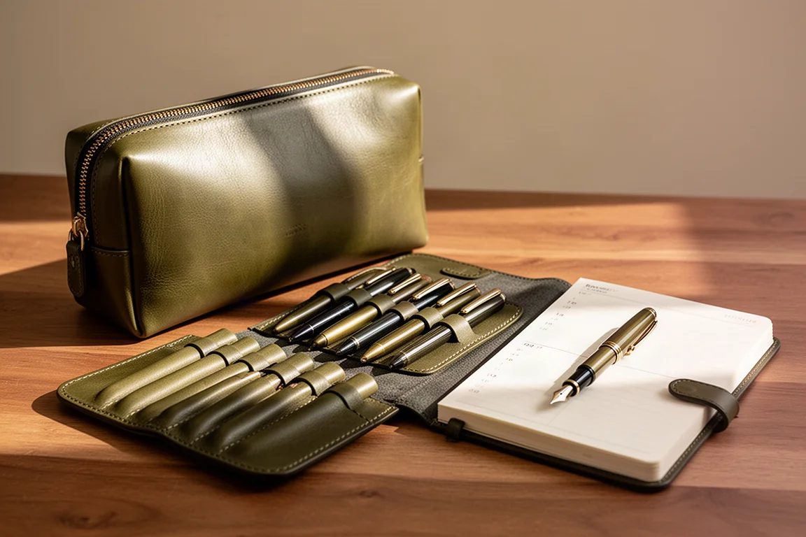 Ledertaschen und Etuis für Füllhalter auf einem Schreibtisch mit Notizbüchern