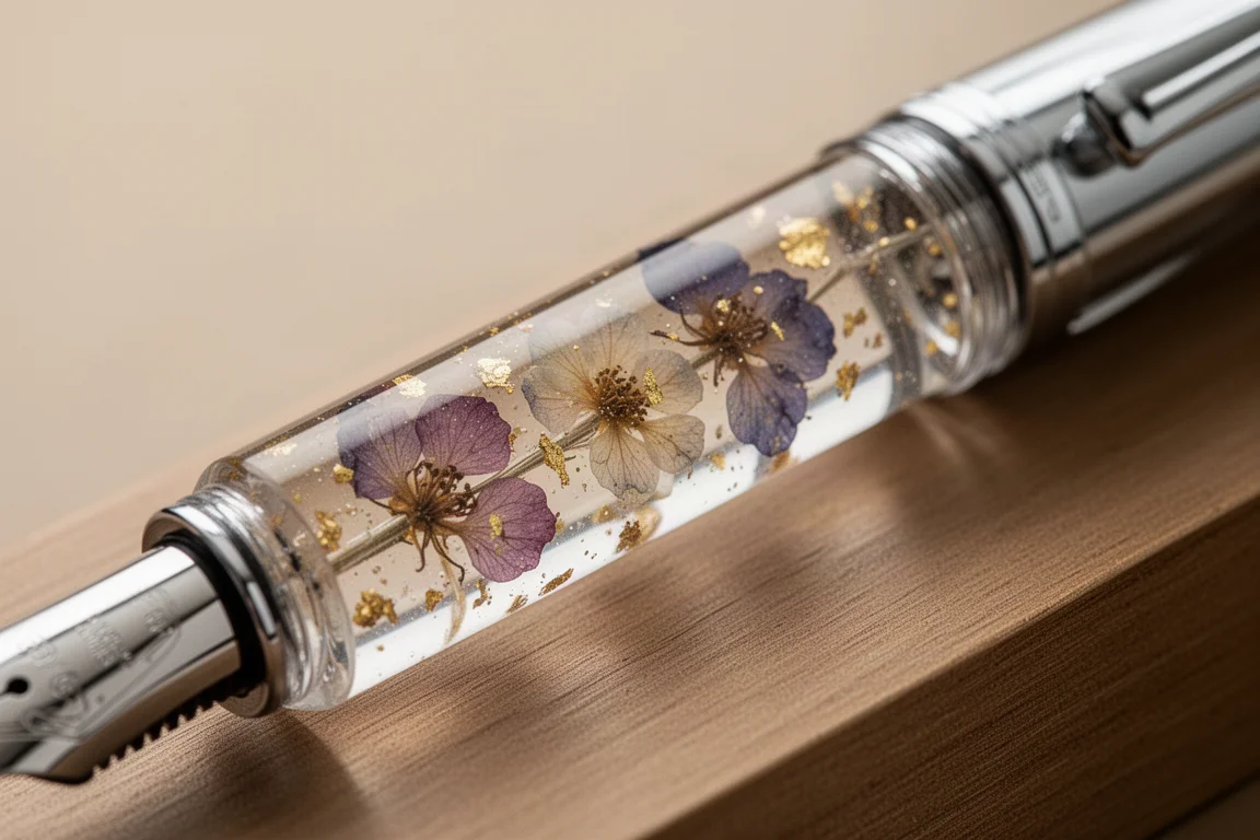 Närbild på ett resevoarpennhylsa i akryl med inbäddade blommor och guldflingor
