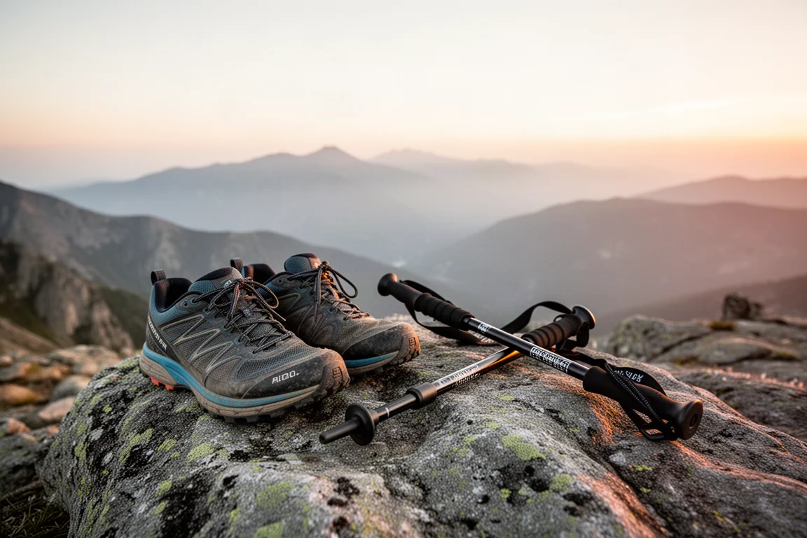Worn trail shoes and a trekking pole resting on a rocky ridgeline at sunrise