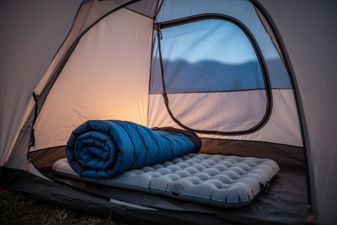 Interior of a small backpacking tent at dusk with a quilt and sleeping pad laid out