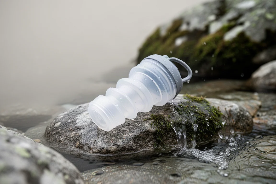 Collapsible filter bottle resting on wet stones beside a clear mountain stream