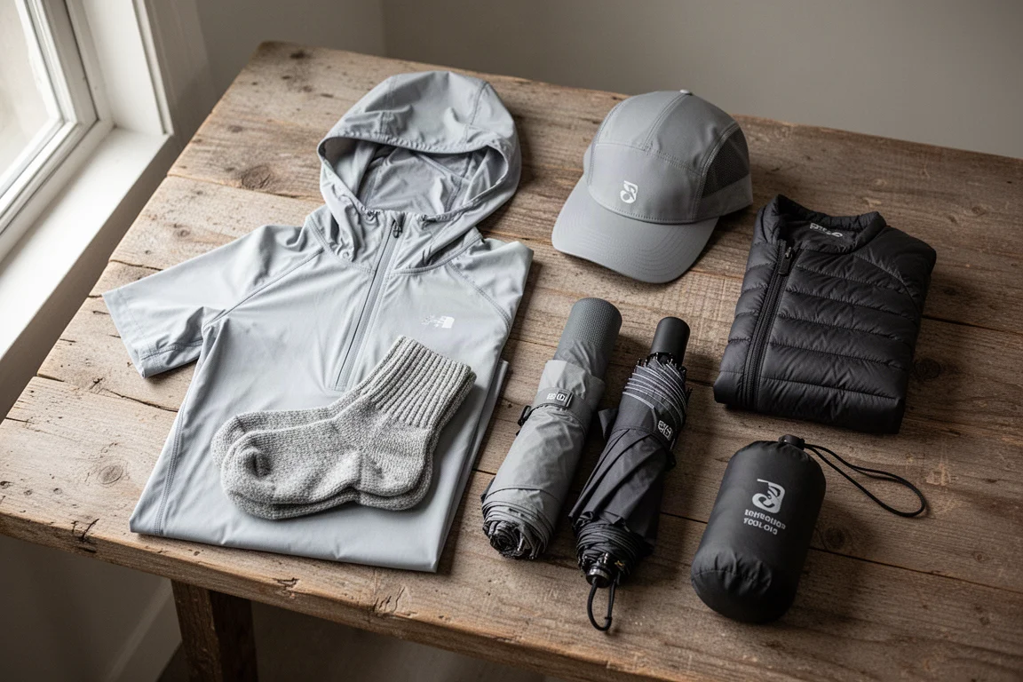 Flat-lay of trail clothing and accessories on a weathered wooden surface