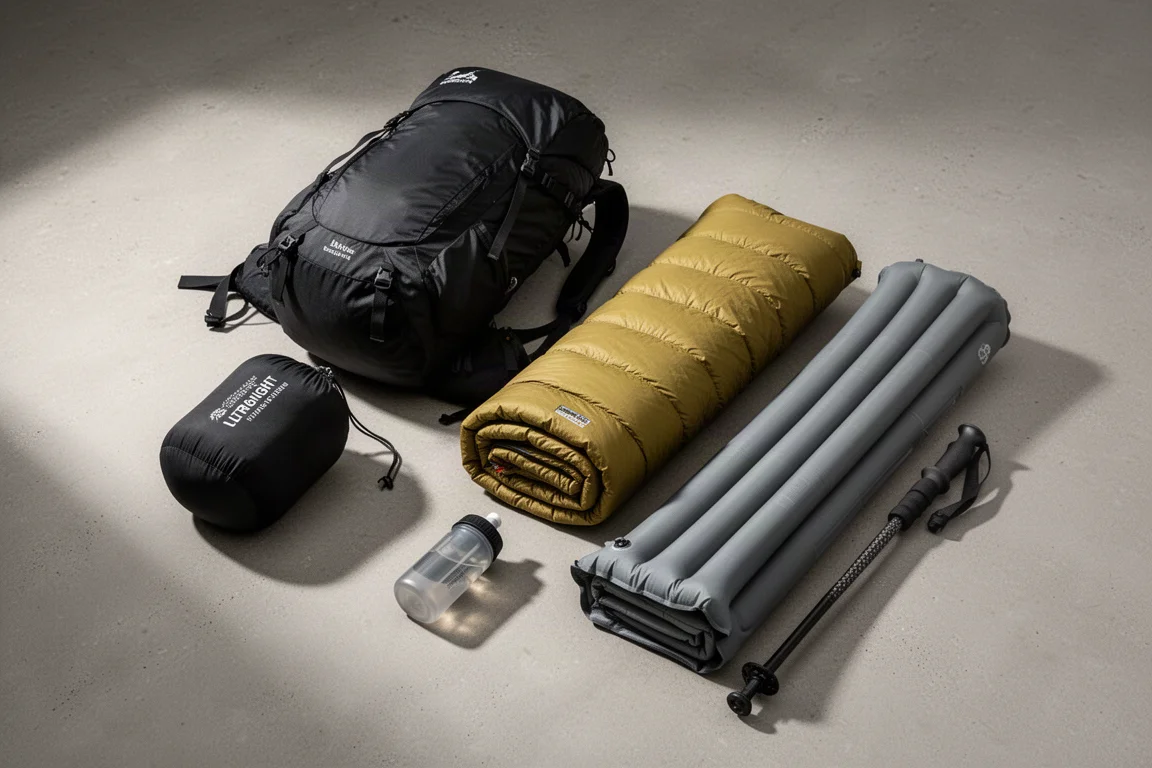 Long-distance hiking gear laid out on concrete including a backpack, tent, quilt and trekking pole