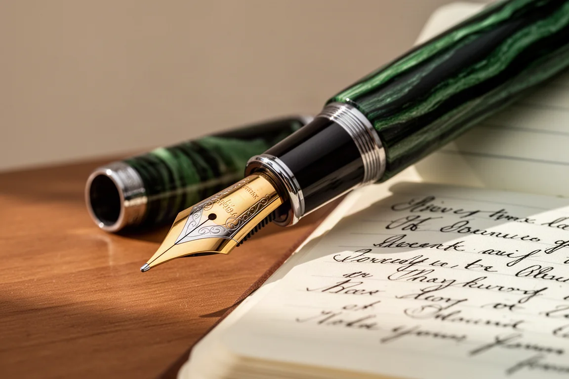 Large green striated fountain pen nib with gold trim on a desk