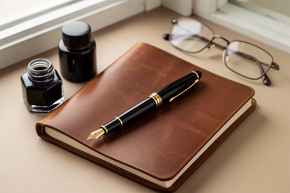 Black cigar-shaped fountain pen and notebook in a study setting