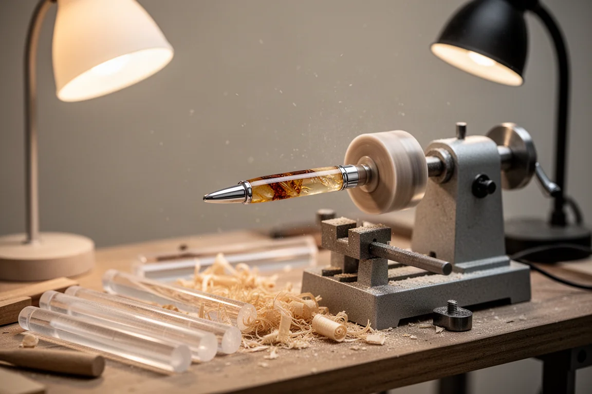 Small workshop lathe shaping a resin pen barrel