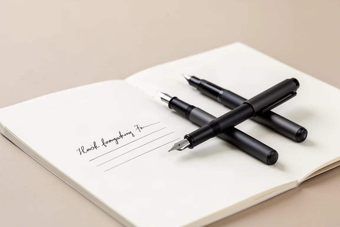 Simple starter fountain pens beside a notebook on a clean desk