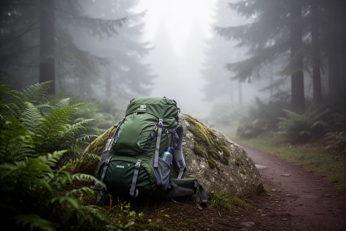 Draufsicht auf gemischte Outdoor-Ausrüstung, die auf einem hellen Holzboden für eine Reise sortiert wird