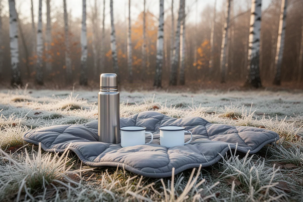 Wanderer von hinten auf einem nebligen Gratweg im Morgengrauen in einer dunklen synthetischen Jacke