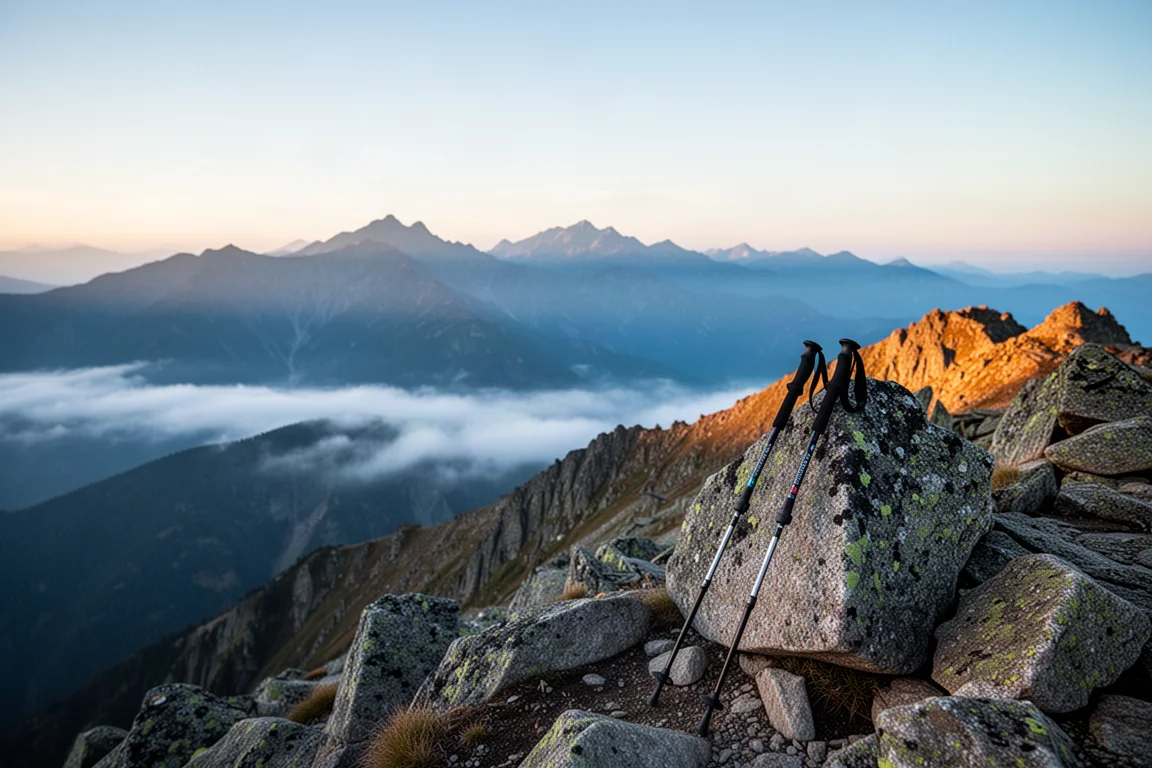 Leichter rahmenloser Rucksack lehnt an einem Granitfindling neben einem Bergsee bei Sonnenaufgang