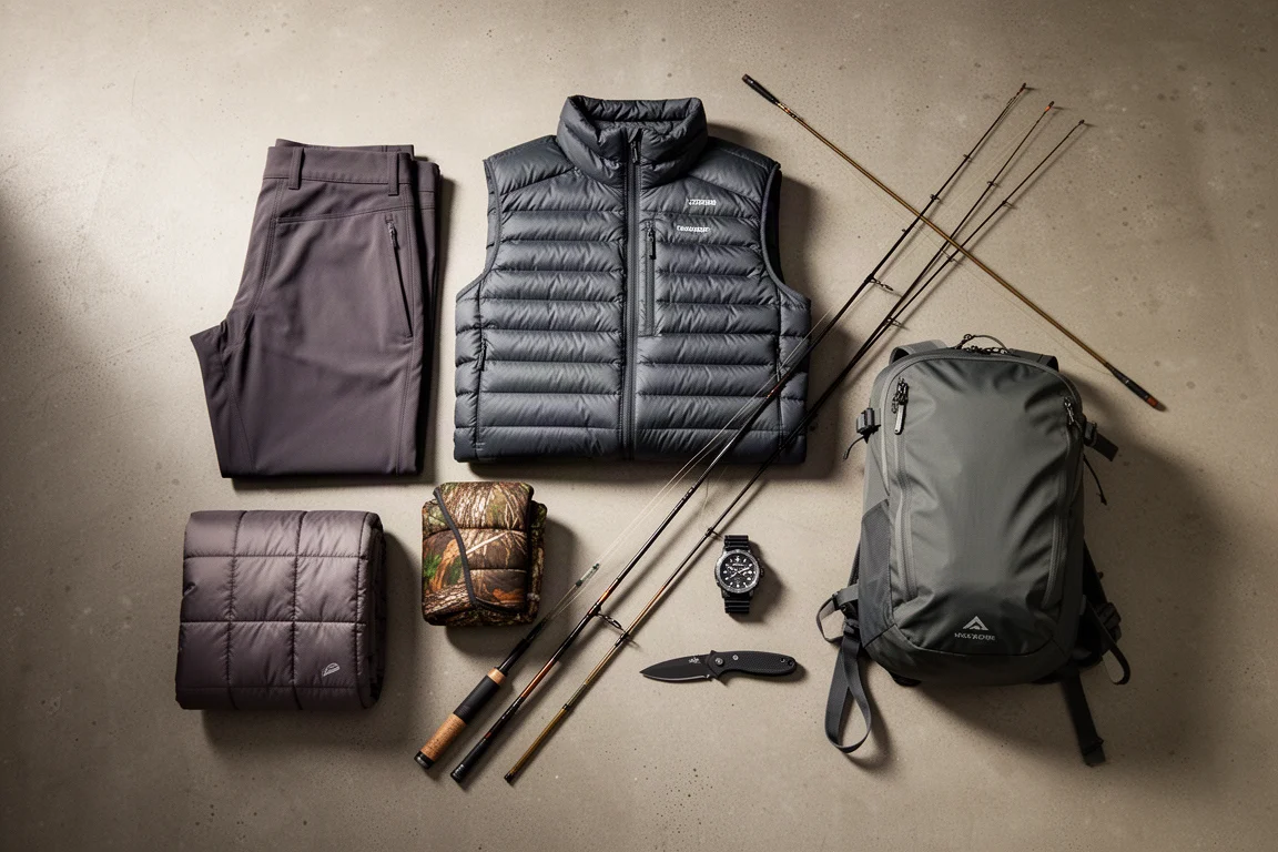 Flat-lay of outdoor gear including a down jacket, trail shoe, action camera and tent sack