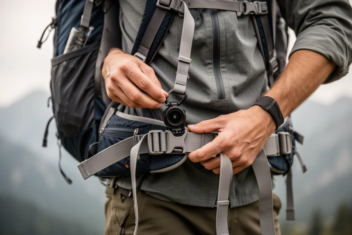 Fotograaf stelt camerausrusting af op een wandelrugzak