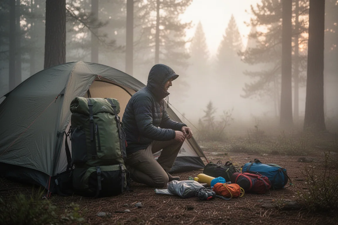 Thru-hiker pakt een grote rolrugzak in buiten een tent
