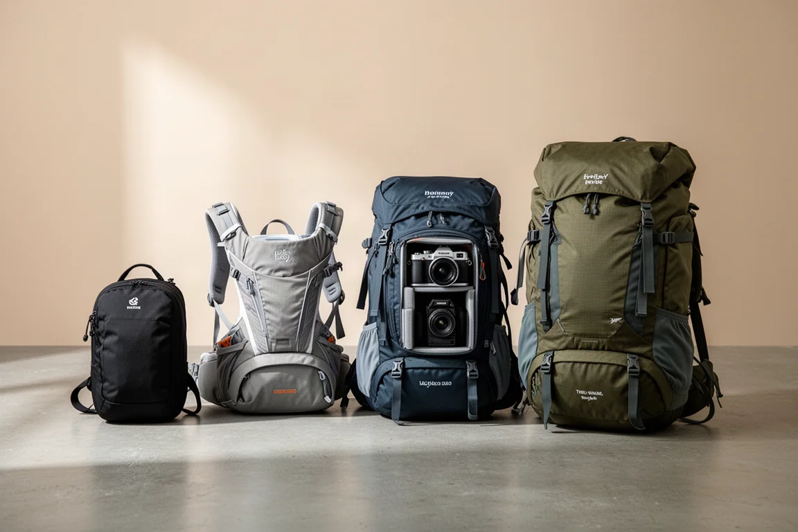 Four hiking backpacks on a concrete surface, including daypack, baby carrier, camera pack, and thru-hiking pack