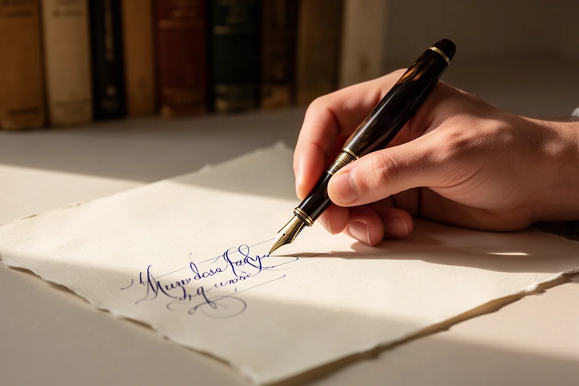 Scrittura a mano con una grande penna stilografica in ebanite su carta avorio sotto una luce calda