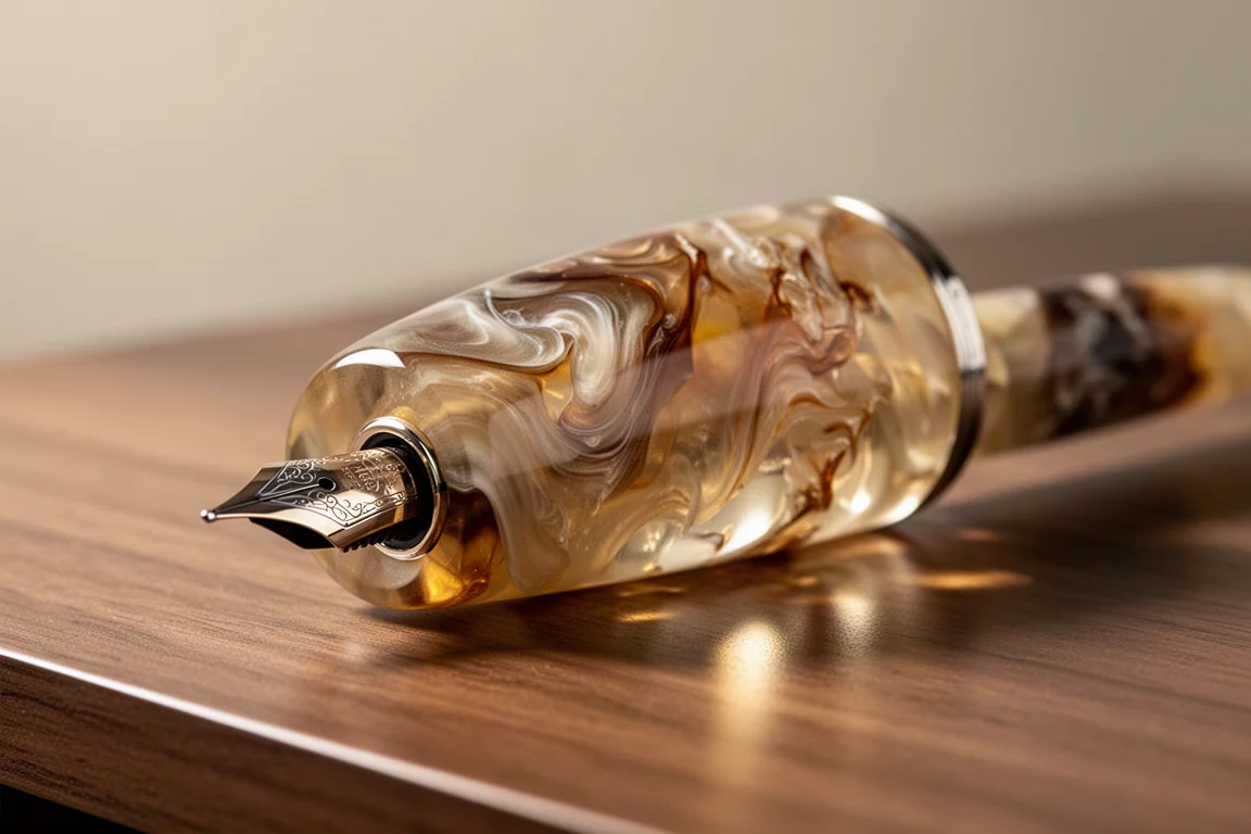 Marbled celluloid fountain pen cap catching soft light on a desk