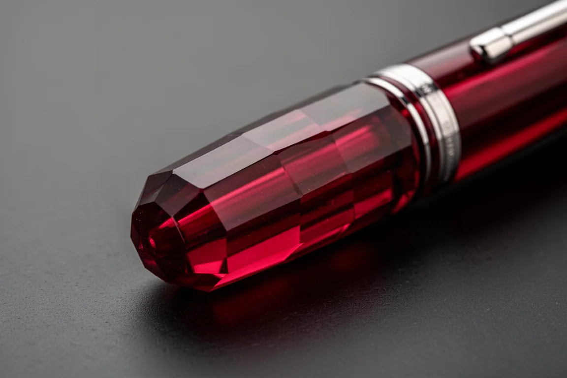 Faceted red acrylic pen cap reflecting light like stained glass