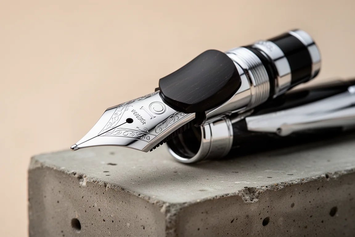 Oversized number 10 fountain pen nib and ebonite feed close up