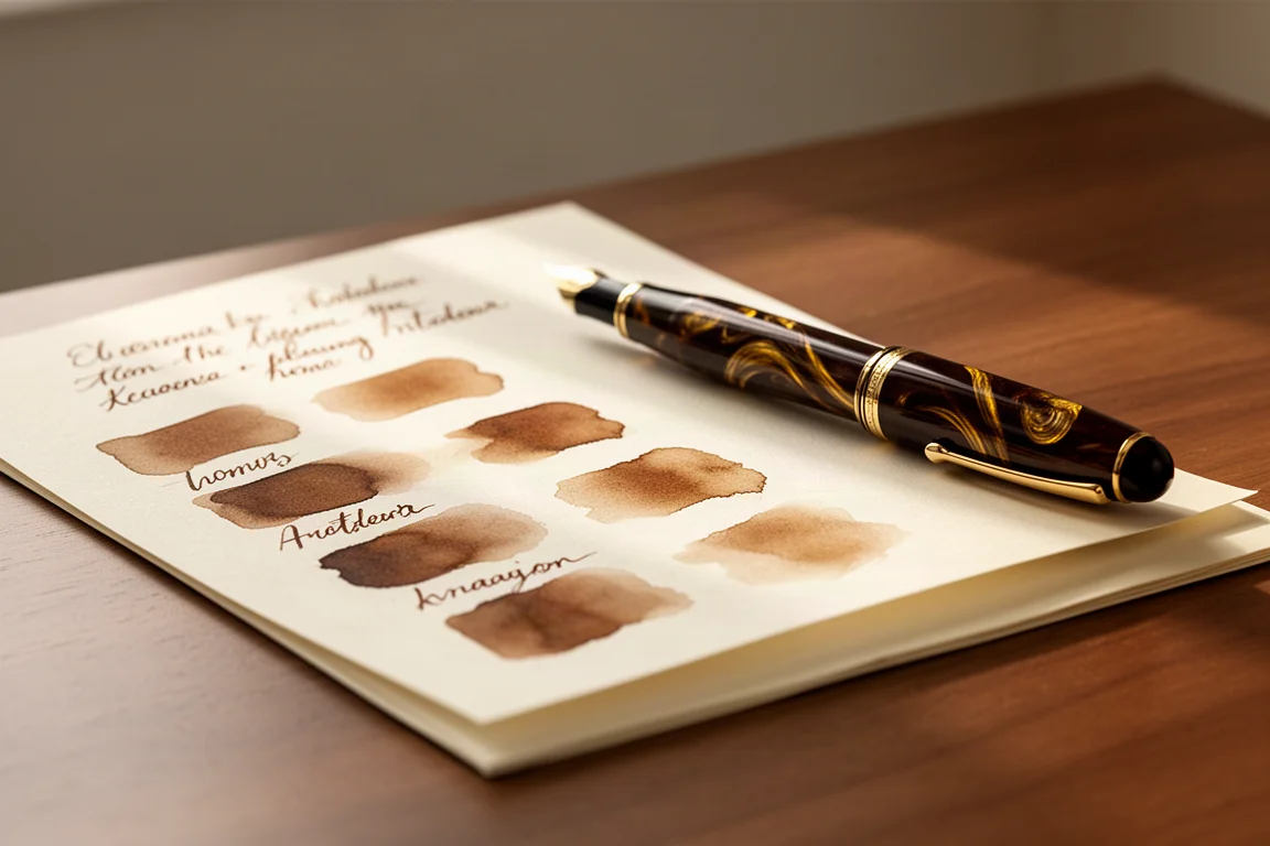 Dark brown acrylic pen with golden swirls beside a filled writing page