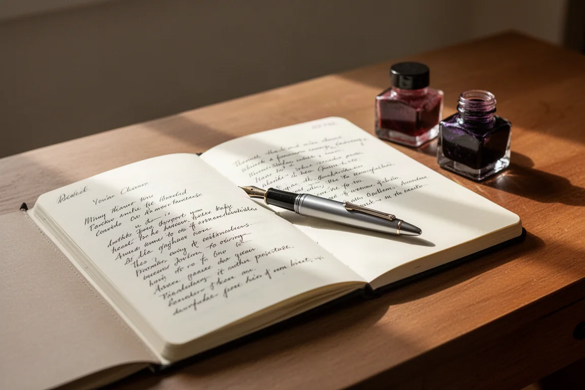 Plumas estilográficas y tinteros dispuestos sobre un escritorio junto a un cuaderno