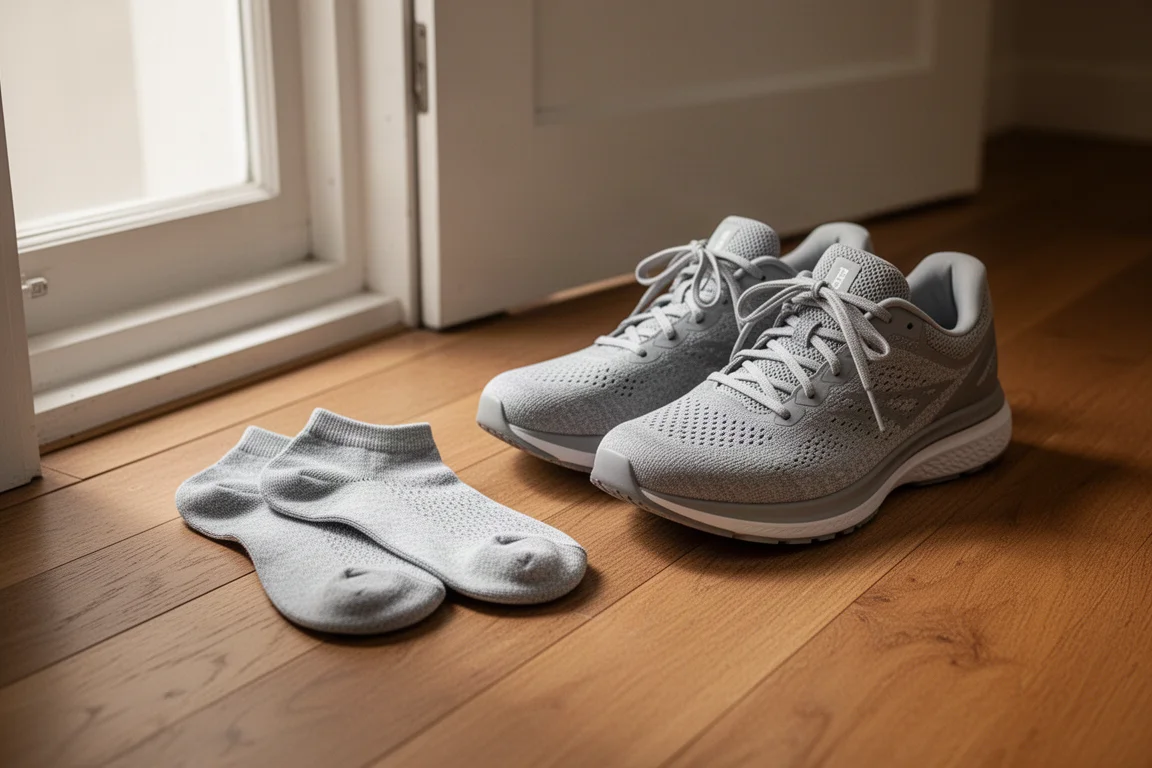 Chaussettes de running posées à côté d'une paire de chaussures sur un plancher en bois