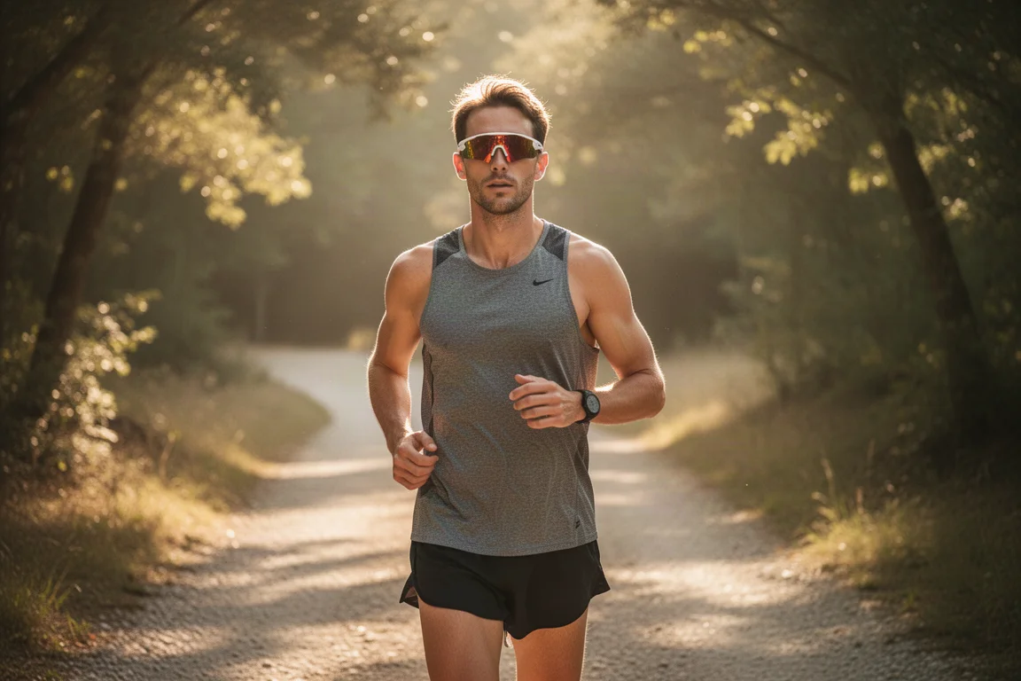 Coureur faisant une pause sur un sentier ensoleillé avec des lunettes de sport enveloppantes