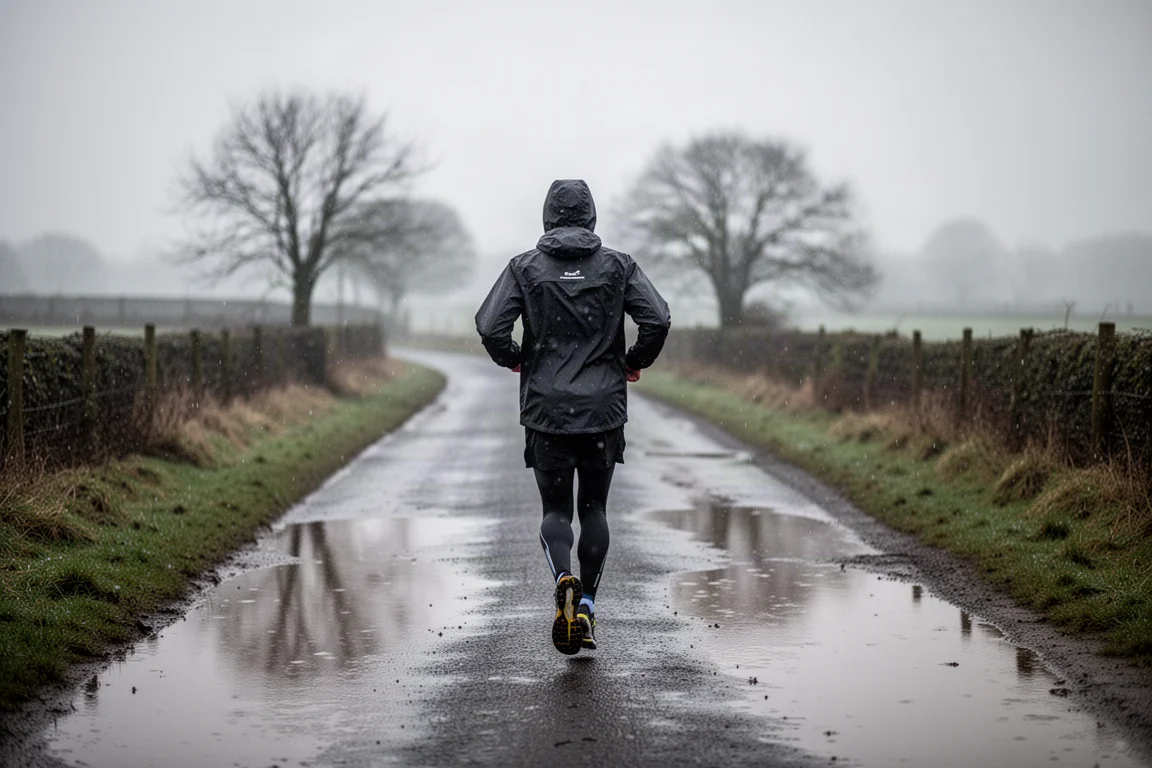 Runner setting off on a wet, windy road in dark winter conditions