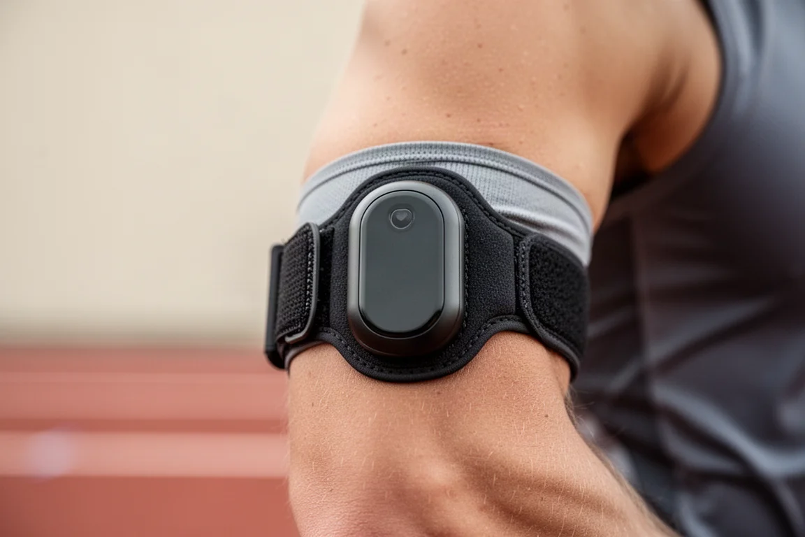 Optical heart rate arm strap worn on the upper arm during a run