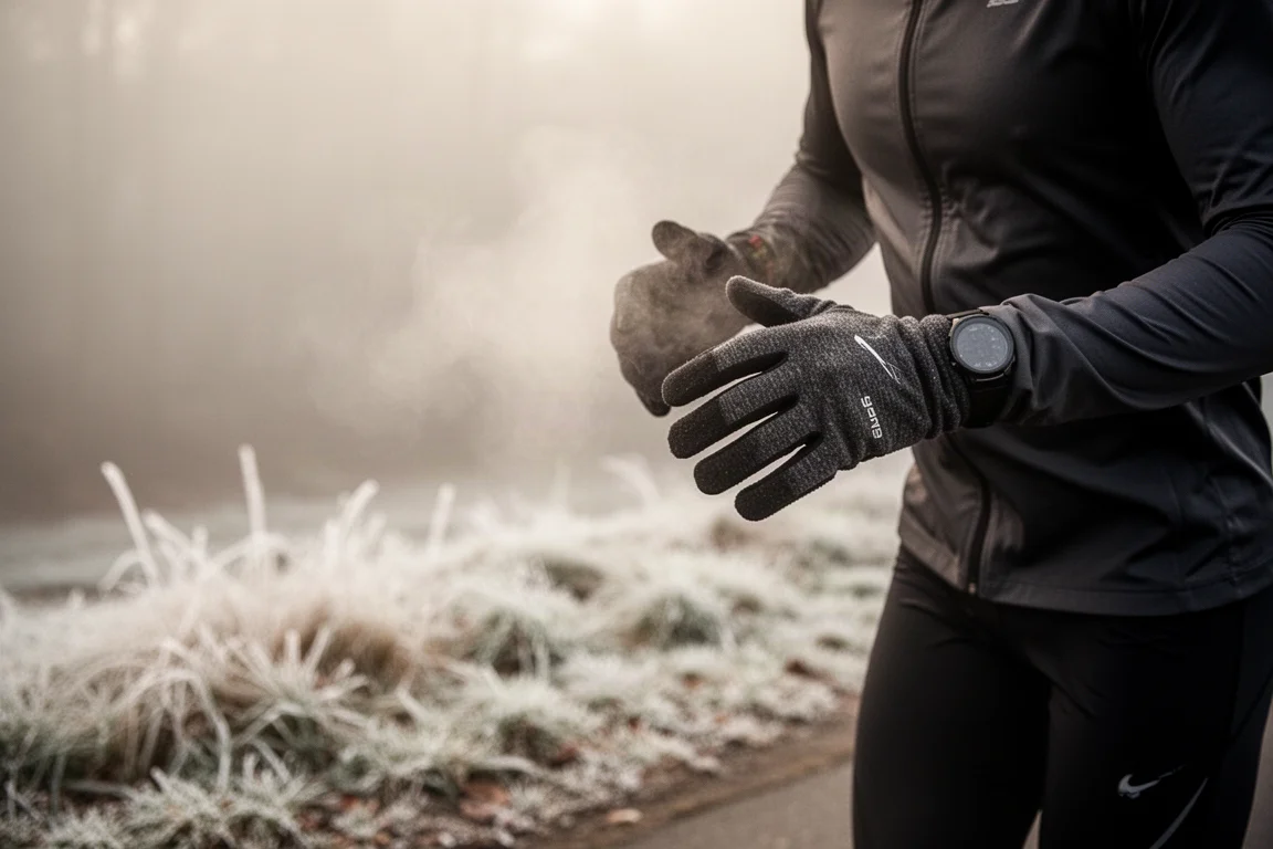 Close-up of a runner's hands wearing gloves on a cold morning run