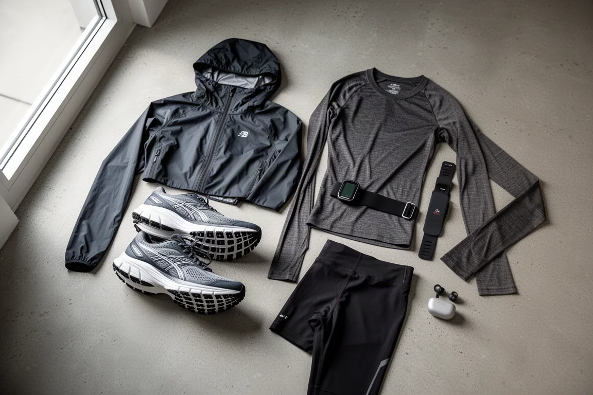 Flat-lay of running gear including jacket, shoes, arm sensor, tights and earbuds