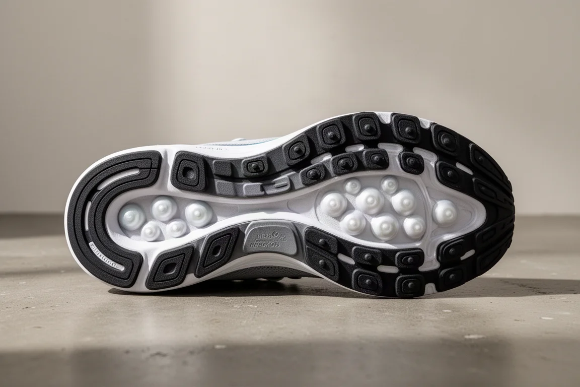 Primer plano de la suela de una zapatilla de running mostrando pods de rebote y la sujeción