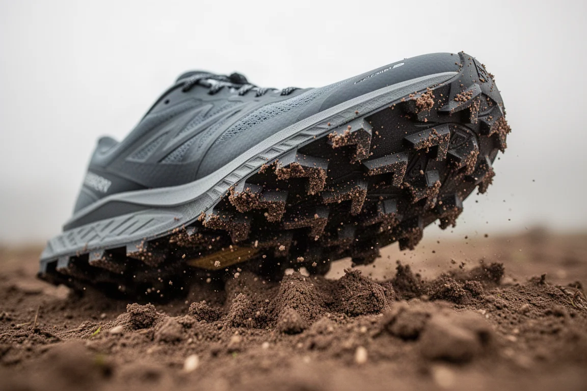Tacones agresivos en la mediasuela de una zapatilla de trail hundidos en tierra blanda