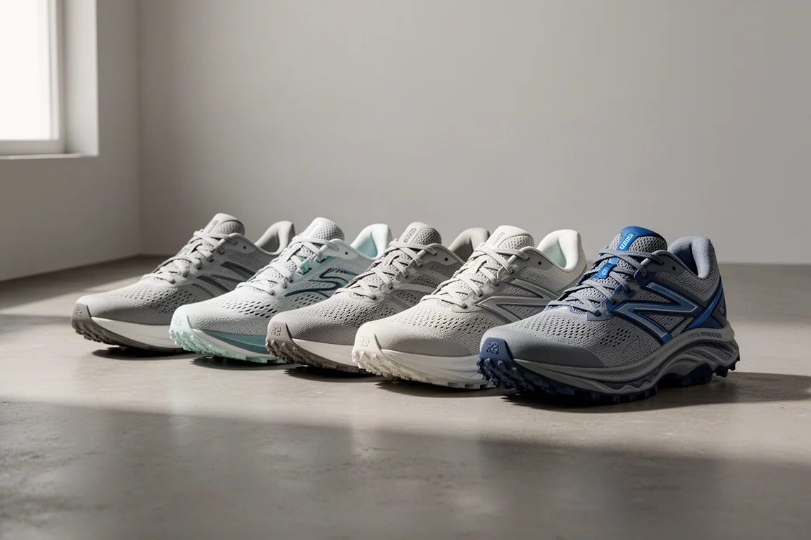 Lineup of six road and trail running shoes on a concrete floor