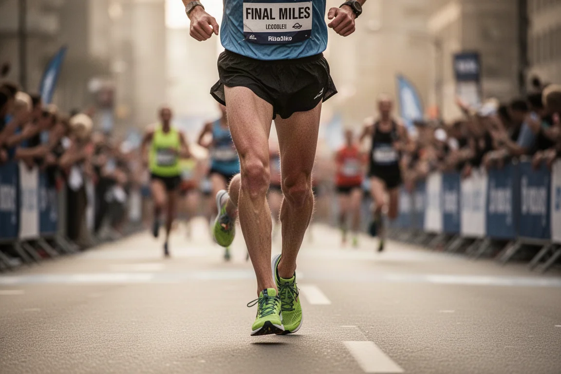 Biegacz pokonujący ostatnie kilometry maratonu miejskiego w butach startowych