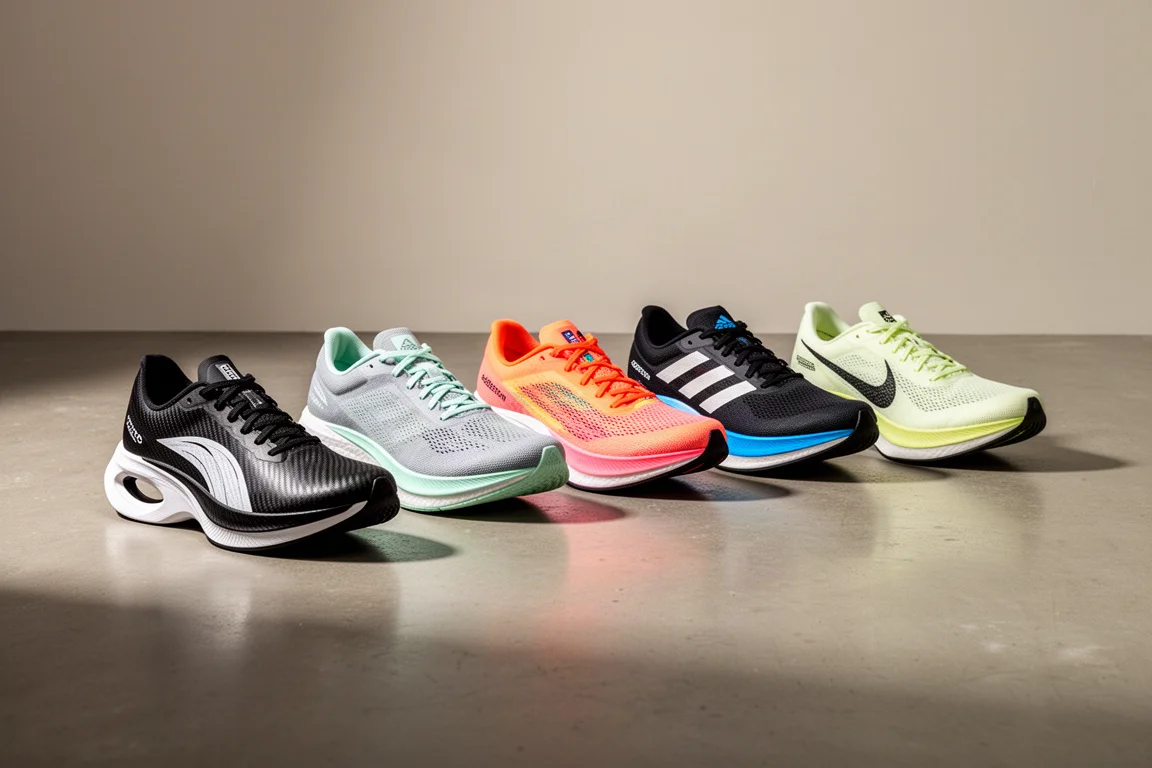 Five 2023 running shoes lined up on a concrete studio floor