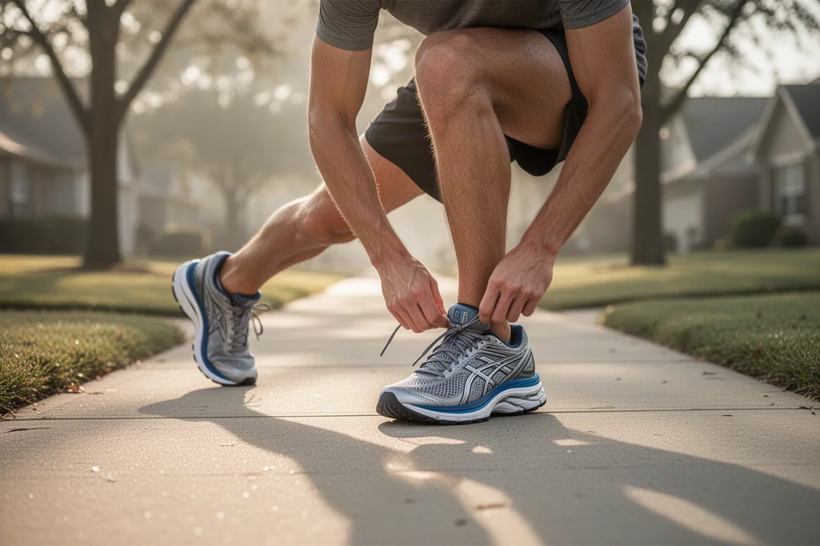 Runner warming up on quiet suburban pavement in soft morning light