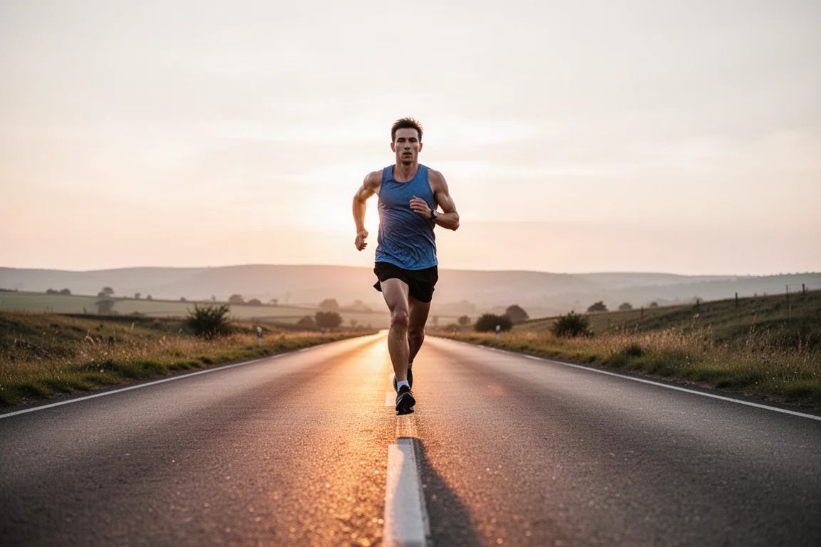 Runner on an empty road at sunrise during a long easy run