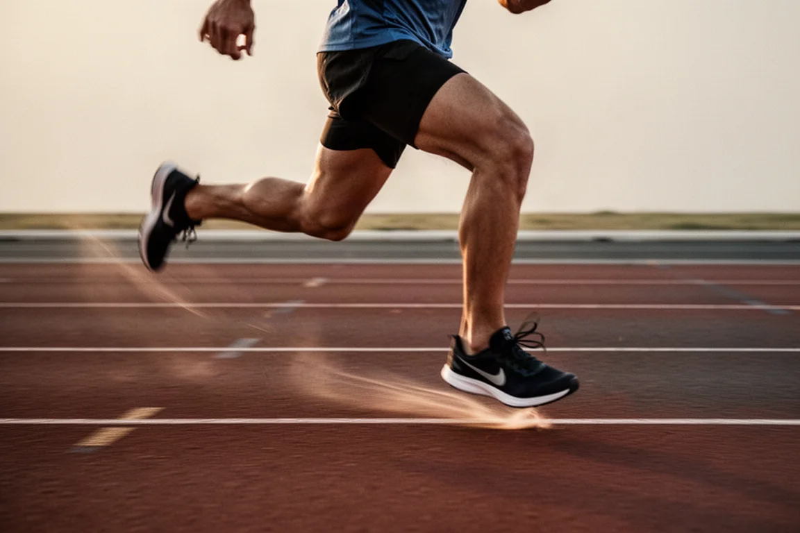 Athlete running interval reps on an all-weather track in late afternoon light