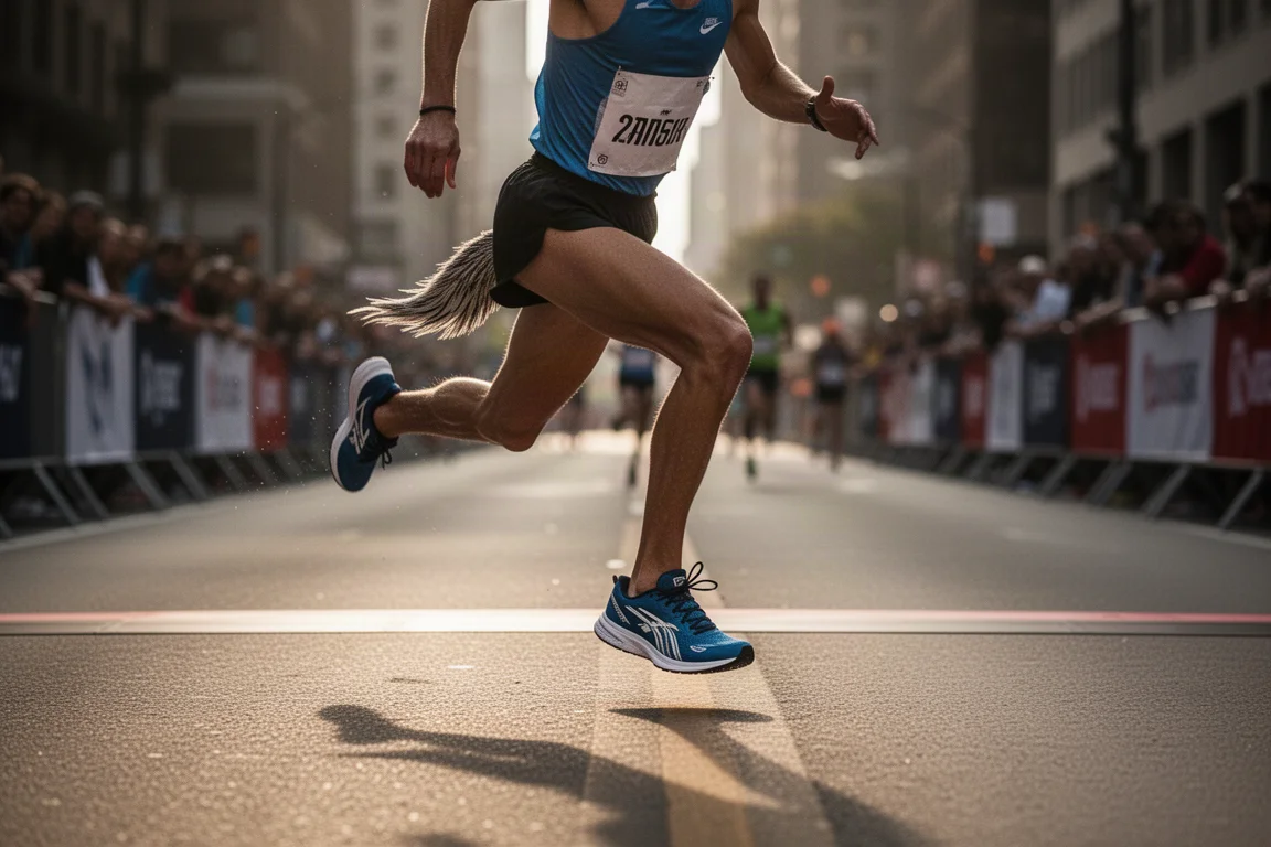 Racer sprinting toward a road race finish line with spectators blurred behind