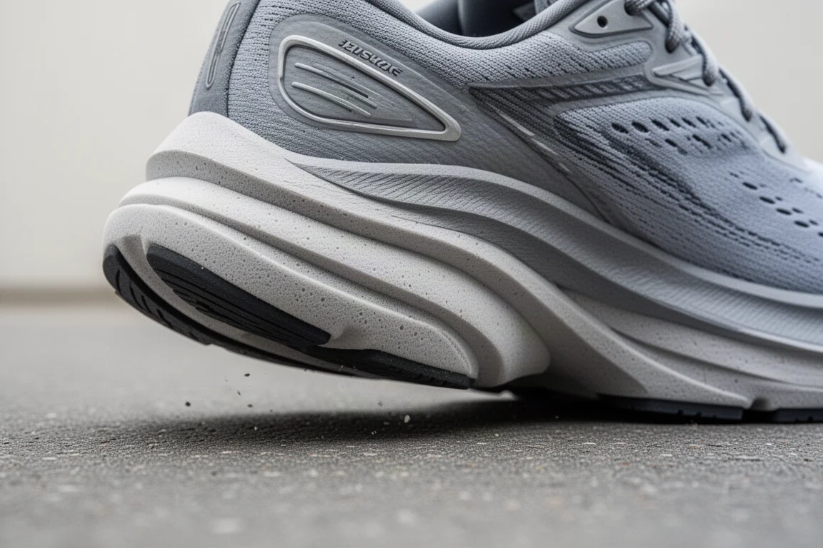 Close-up van een dikke, maximaal gevoerde tussenzool van een hardloopschoen die op glad asfalt wordt ingedrukt